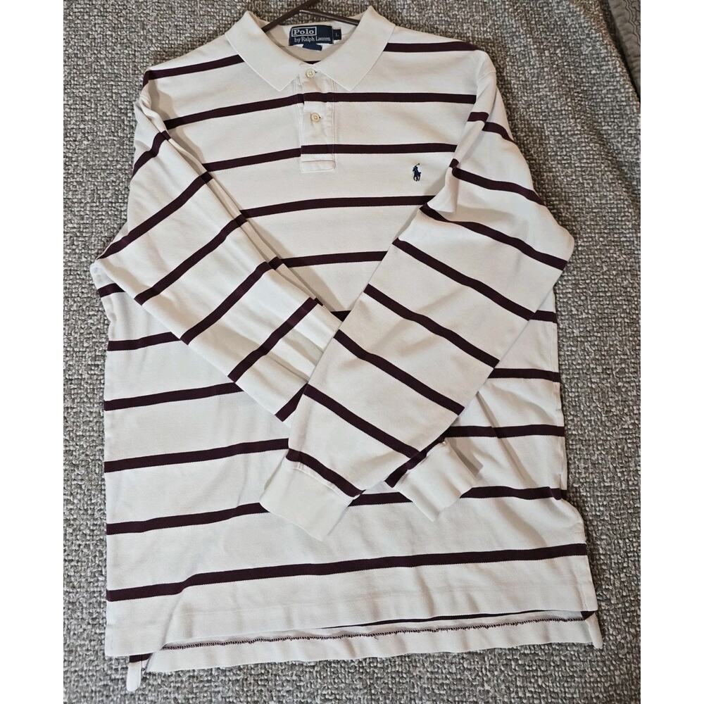 Polo Ralph Lauren Striped Shirt Men's L White Maroon Cream Rugby Long Sleeve